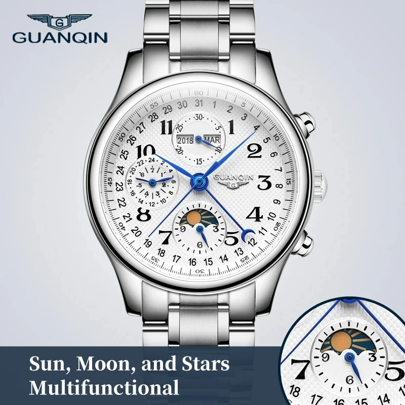 GUANQIN Mechanical Luxury Moon Phase Men's watches Stainless steel Sapphire mirror watch for men Multifunctional automatic Watch