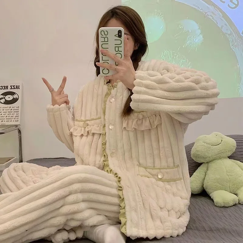 2023 가을 겨울 플란넬 잠옷 2 피스 세트, 두껍고 따뜻한 잠옷, 코랄 벨벳, 루즈한 여성 잠옷 세트, 스위트