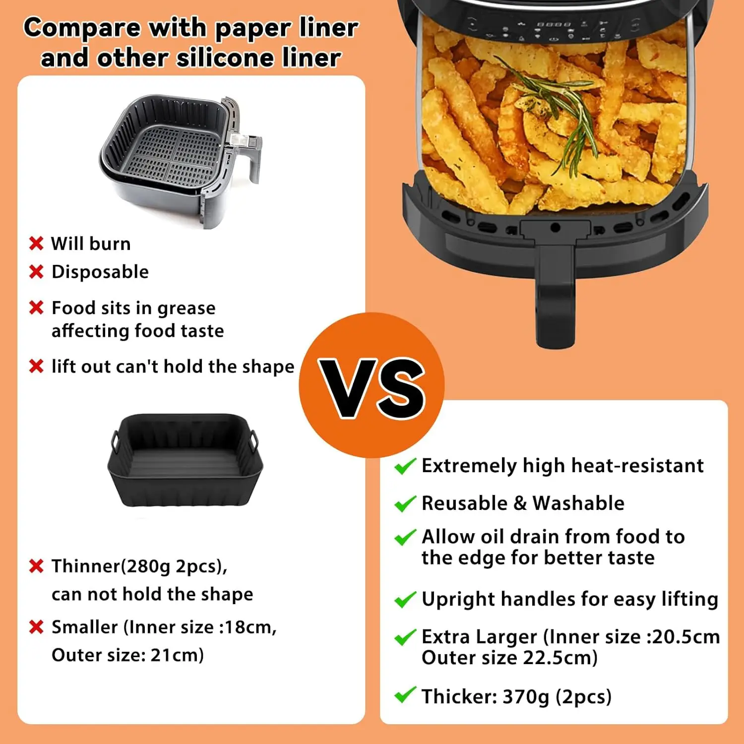 Air Fryer Liners 23cm Square Large Silicone 9Inch Reusable Air Fryer Tray Basket Mold for 6 to 8QT For Ninja