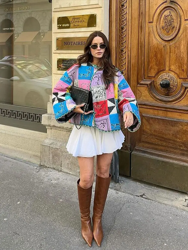 Женская Стеганая куртка с длинным рукавом, укороченная стеганая хлопковая куртка свободного покроя с цветочным принтом в стиле пэчворк, 2024