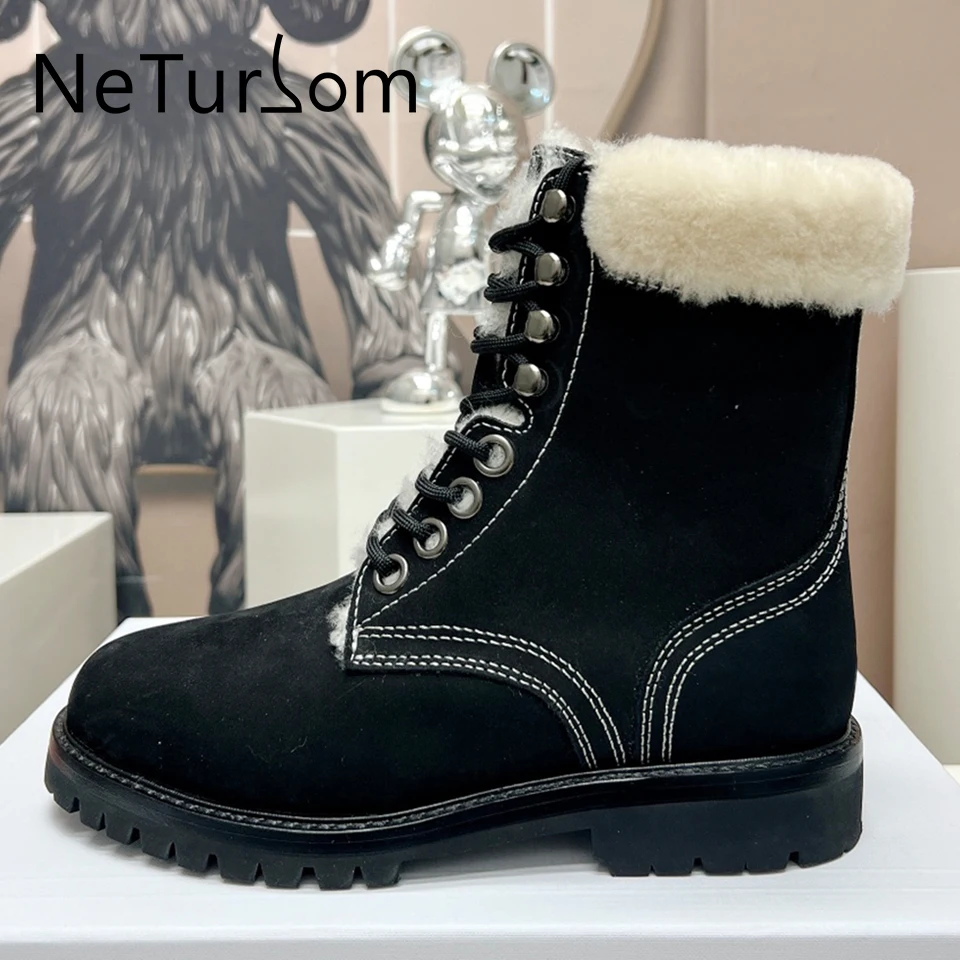 

Autumn Winter Wool Thickened Low Heel Short Boots Retro Cross-tied Motorcycle Boots Women's British Style Cowhide Ankle Boots