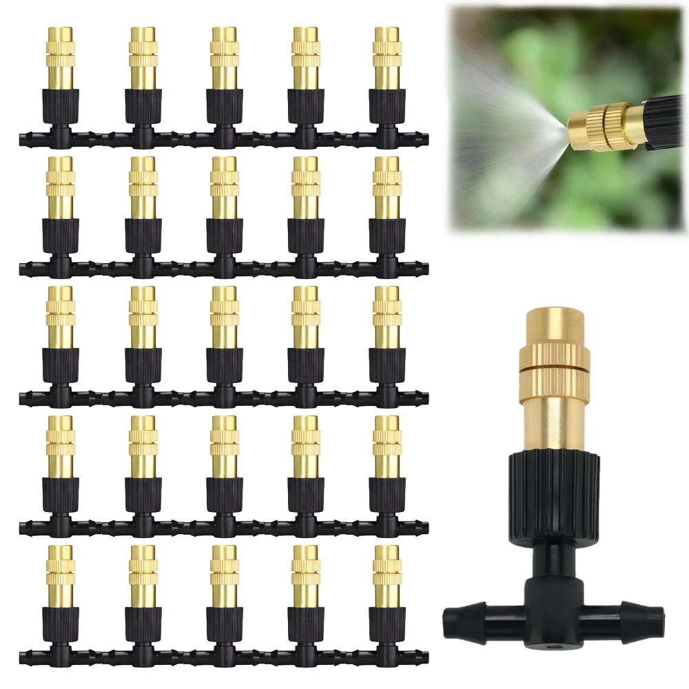10–100 Stück verstellbare Messingsprühdüsen mit 1/4 Zoll T-Verbindung für Gartengewächshaus, Rasen, 4/7 mm Schlauch, Beschlagen, Bewässerungssprinkler