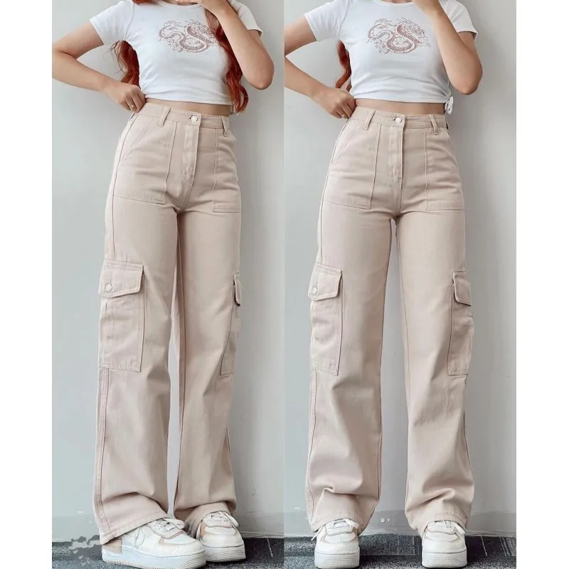 Y2k Cargo Pants For Women Beige Techwear Korean Parachute Pants Sweatpants Wide Leg Joggers Pockets Streetwear Trousers