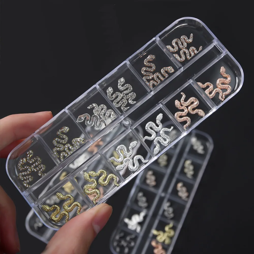 

12Grids Snake Punk Nail Art Charms Alloy Animals Shape 3D Rhinestones Nail Jewelry For Nail Art Decoratiion Manicure Accessories