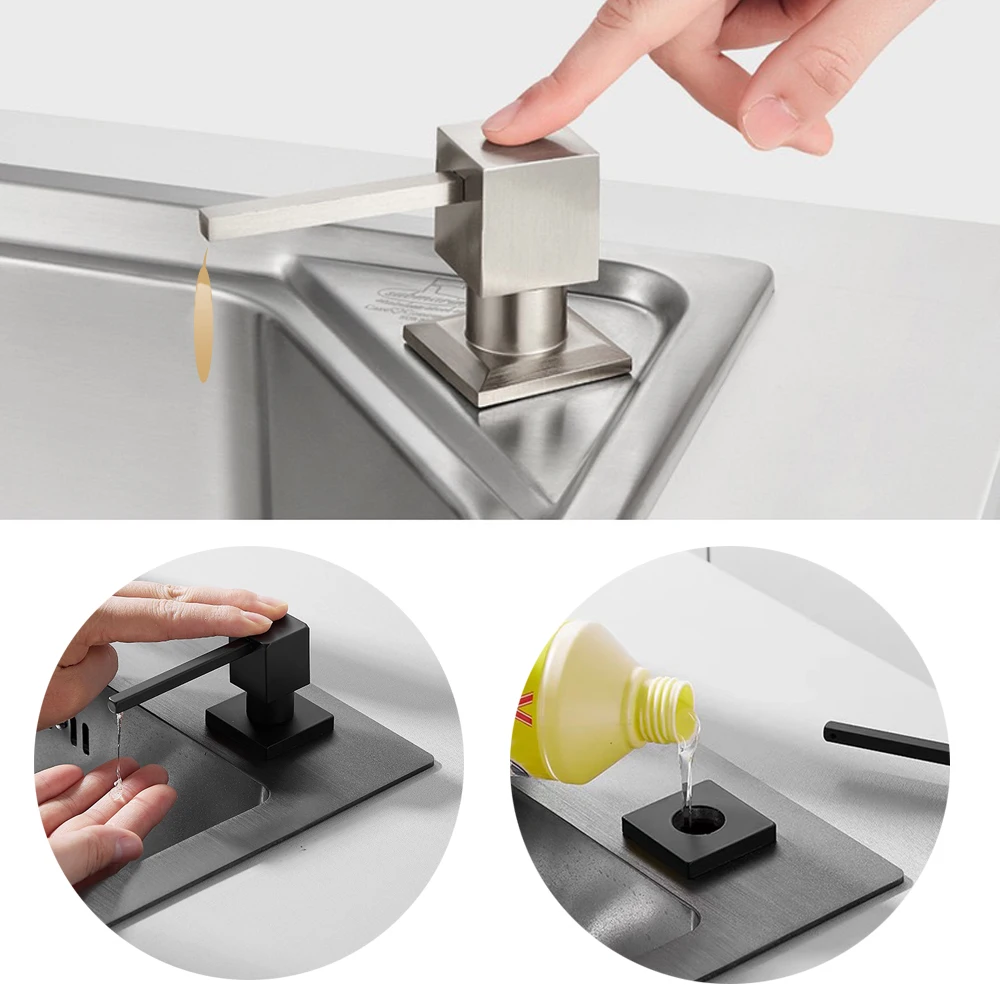Modern Buit-in Pump Dispenser Kitchen Liquid Detergent Holder Brushed Black Sink Soap Lotion Dispenser Press Dispensing Bottle