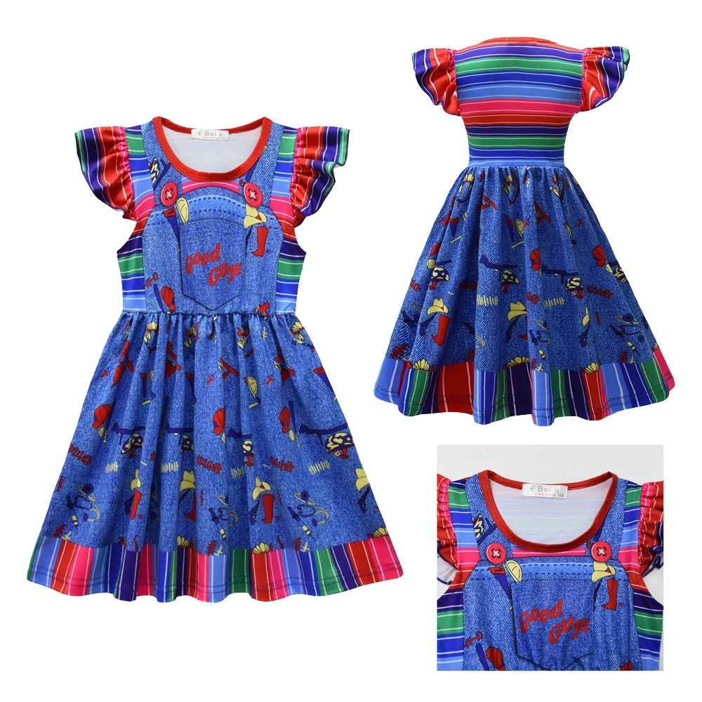 

Kids Chucky Cosplay Costume Casual Dress Horror Movie TV Chucky Roleplay Fantasia Children Disguise Skirts Halloween Party Suits