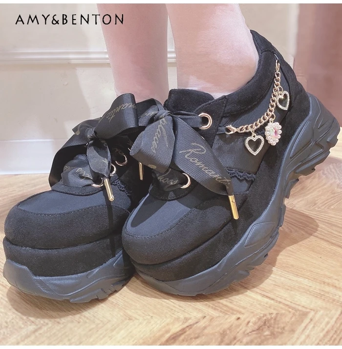 Japanese Style Trendy Lolita Sweet Rhinestone Love Chain Cute Platform Mine Series Women Ribbon Bow Sneakers Girls Sports Shoes