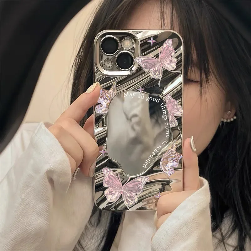 Electroplated Mirror Pink Butterfly Phone Case For iPhone 16 13 11 12 14 15 Pro Max Luxury Plating Wavy Shockproof Makeup Cover