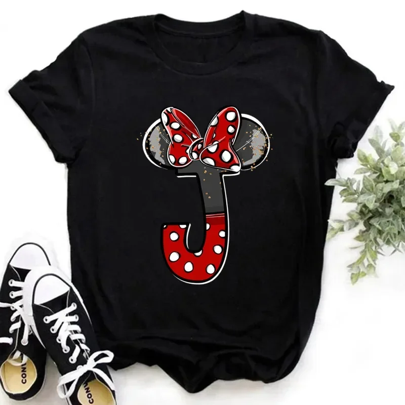 thumbnail image 1 of 2024 Marca Disney Ropa para niños Minnie Mouse Rojo Negro Letras AZ Estampado Niñas Niños Algodón Camiseta Negro Y2k Tops Camisetas para bebés, 1 of 5
