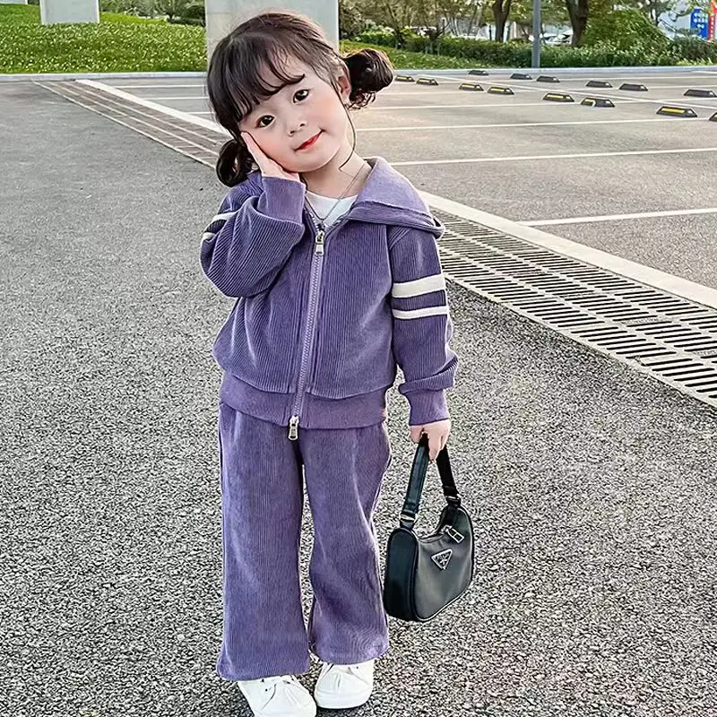 

2024 Girl's Hooded Set Children's Cute Fashion Casual Suit Autumn New Kids Solid Color Tops Sweatpants Two Pieces 3-10 Years Old