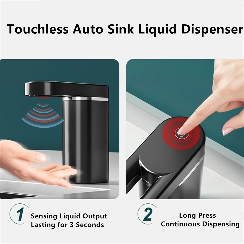 Distributeur gel hydroalcoolique infrarouge installé sur un mur, mains sous le capteur.