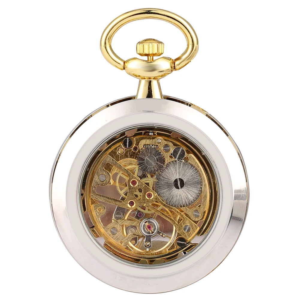 Silver Gold Transparent Hollow Mechanical Hand Winding Pocket Watch Vintage Gentleman Open Face Design Steampunk Retro Timepiece