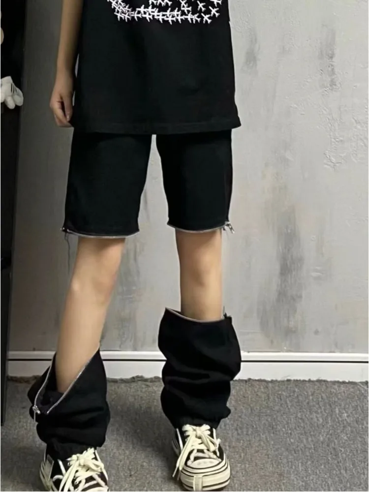 Vintage Vintage Knee Double Zipper Detachable Two Pair Denim Shorts For Women's Street Burst Straight Pants For Women's Jeans