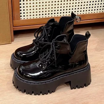 Chunky Black Platform Casual Women's Ankle Boots 2025 New Designer Autumn Winter British Style PU Leather Boots Shoes for Women