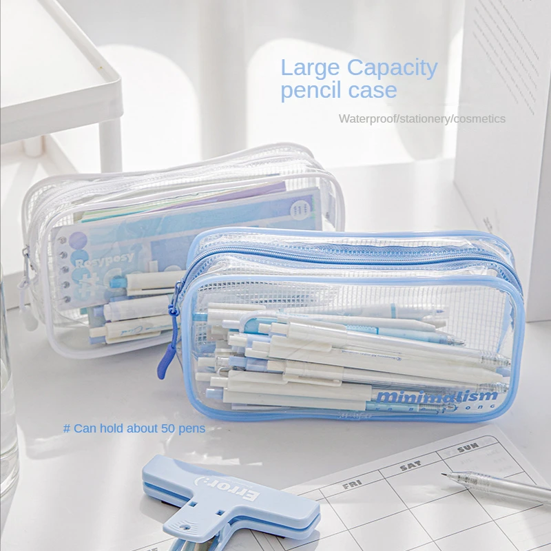 

Mesh Transparent Pencil Pouch Solid Color Visible High Capacity PVC Zippered Student Waterproof Makeup Stationery Storage Bag