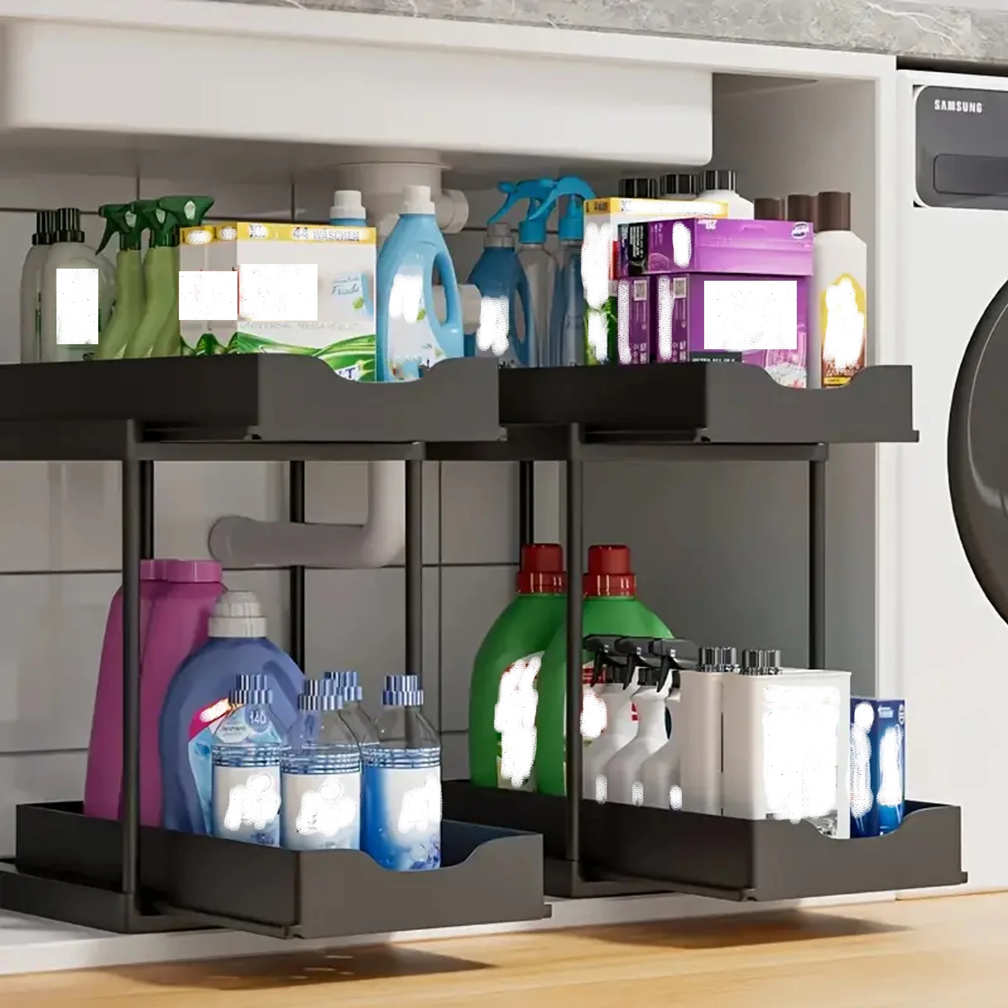 Pull-Out Double-Layer Kitchen Storage Rack with Drawers Ideal for Kitchen Sink Organization