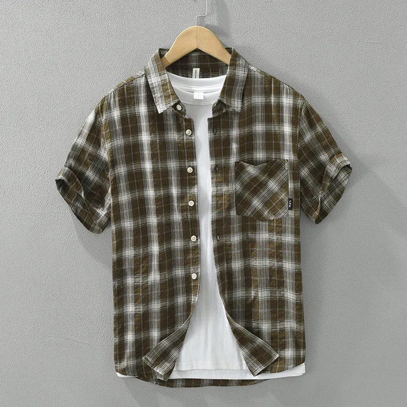 

Мужская хлопковая рубашка в клетку, Повседневная Свободная рубашка с короткими рукавами и отложным воротником, лето 2024