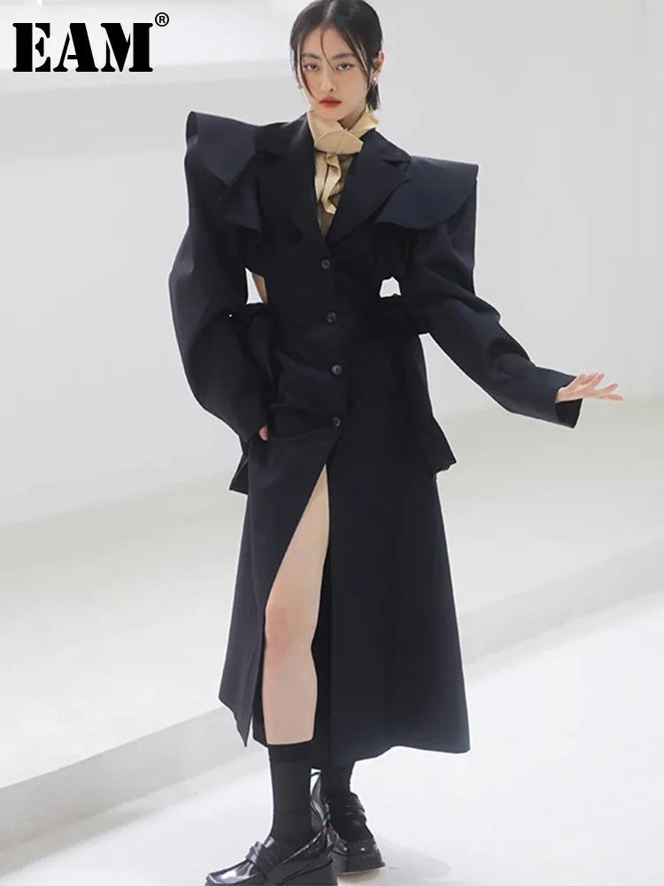 

[EAM] Loose Fit Black Hollow Out Big Size Long Woolen Coat Parkas New Long Sleeve Women Fashion Tide Autumn Winter 2024 1DE4978