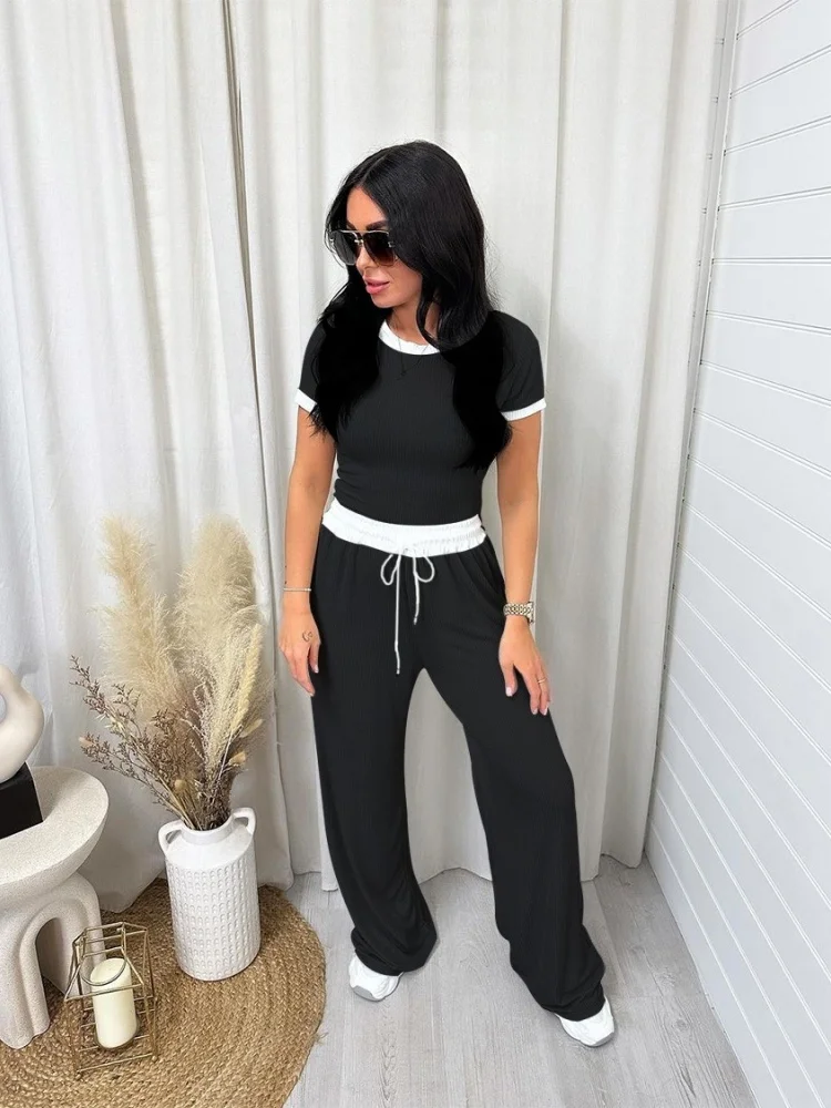 Wmstar Two Piece Set Women Wholesale Border Round Neck Color Blocking Short Sleeved Fashion Casual Wide Leg Pants Sportswear