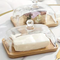 Wooden Square Cake Tray Bamboo and Glass Butter Dish Snack Display Tray Dessert Table Decoration with Glass Cover 1