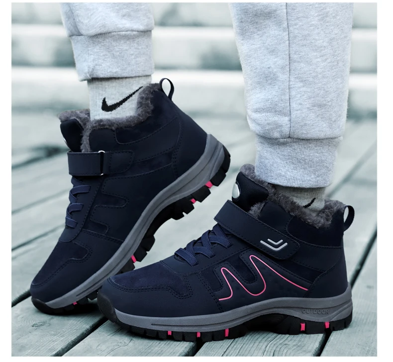 Winter Women Men Boots Plush Leather Waterproof Sneakers Climbing Shoes Unisex Outdoor Non-slip Warm Hiking Ankle Boot Man