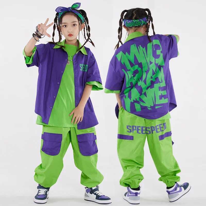 

Purple Shirt Coat Green Cargo Pants Girl Boys Jazz Performance Outfit Fashion Kids Clothing Hip Hop Dance Costume