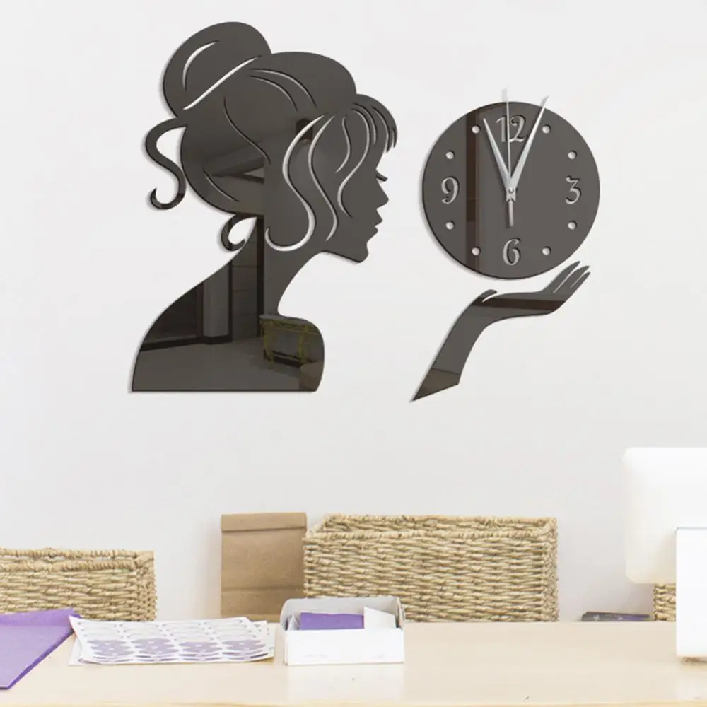 Wall Clock Girl Mirror Sticker Acrylic Waterproof Decal Home Living Room Decor