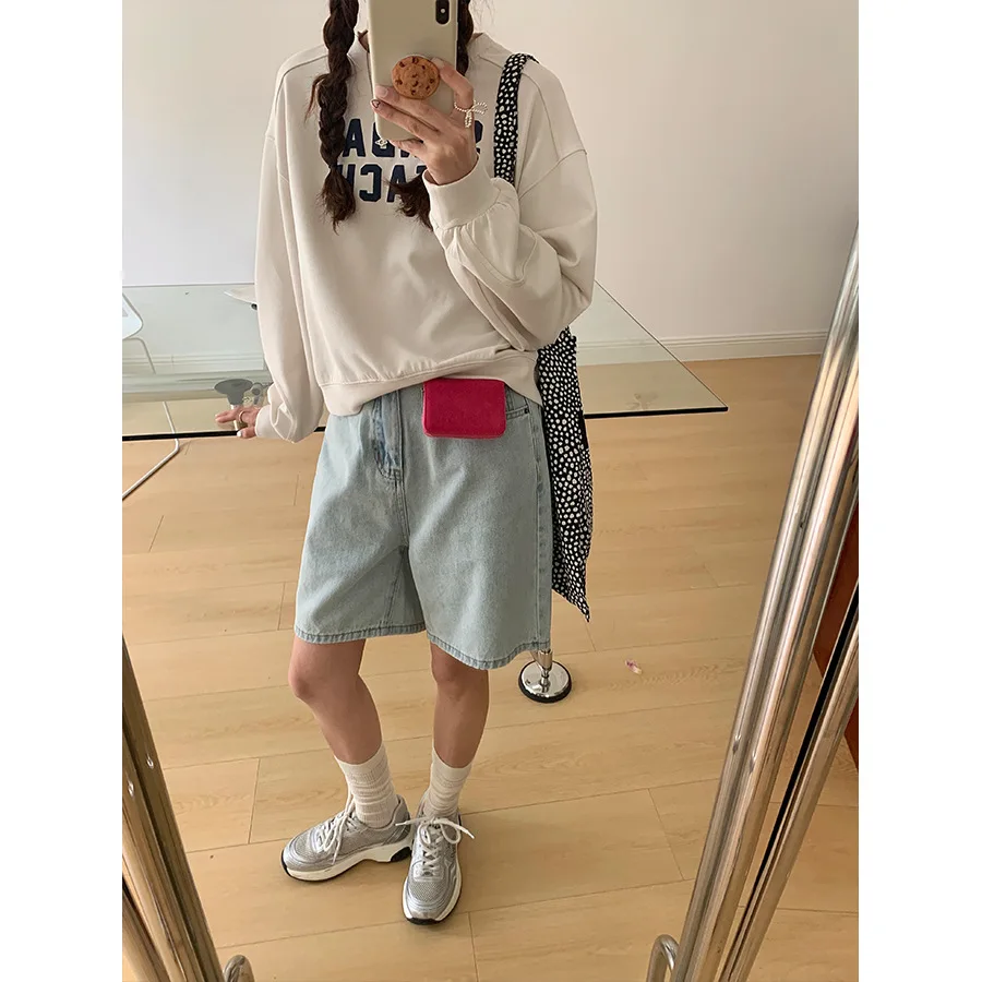 small design embroidered five point denim shorts for women's Spring/Summer Korean wide leg casual pants