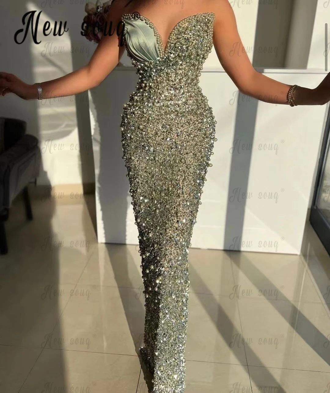 

Luxury Beading Strapless Olive Green Arabic Evening Dress 2023 Dubai Women Wedding Party Gowns Formal Gowns Custom Made