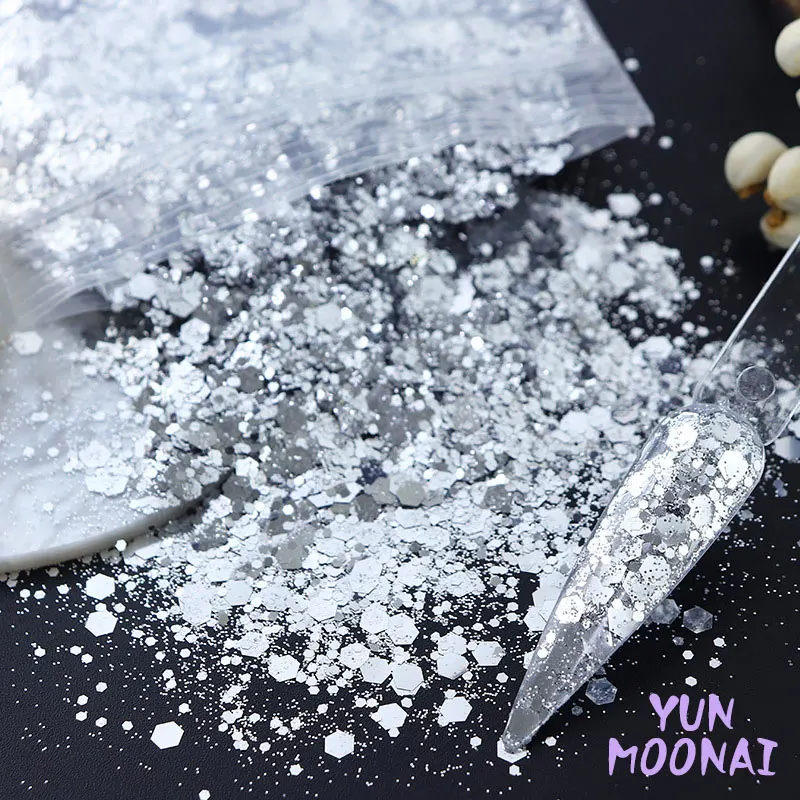 50G/팩 홀로그램 혼합 육각형 모양의 네일 글리터 실버 스팽글 레이저 플레이크 DIY 파티 네일 장