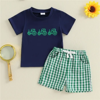 Summer Toddler Baby Boys Clothes Sets Fashion Loose Short Sleeve Car Print T-shirt with Plaid Shorts 2 Piece Outfits