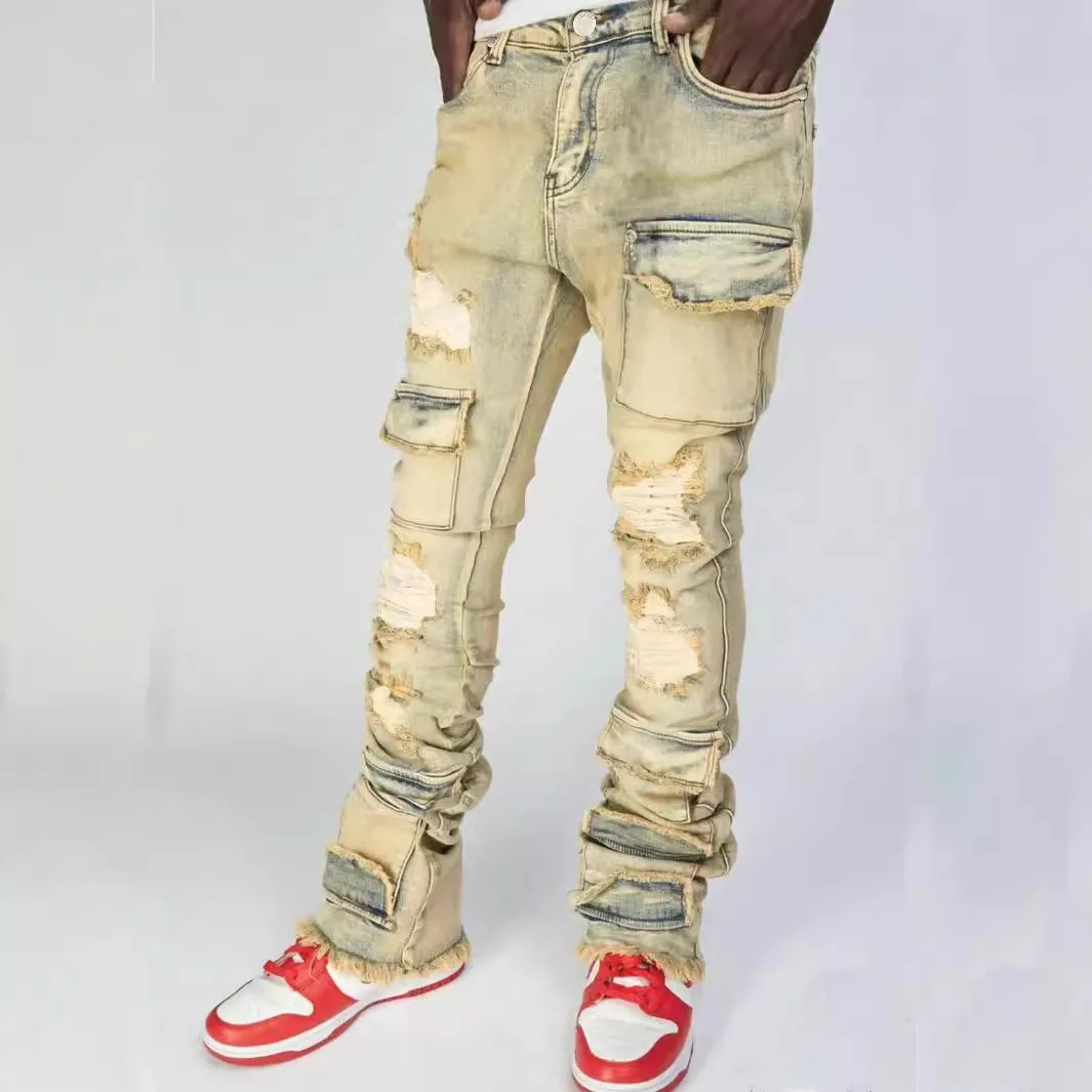 American Ripped Stretchy Men's Stacked Jeans Destroyed Wash Tear Cargo Pants Frayed Hem Muti-pockets Denim Trousers men jeans ripped jeans ripped patchwork jeans