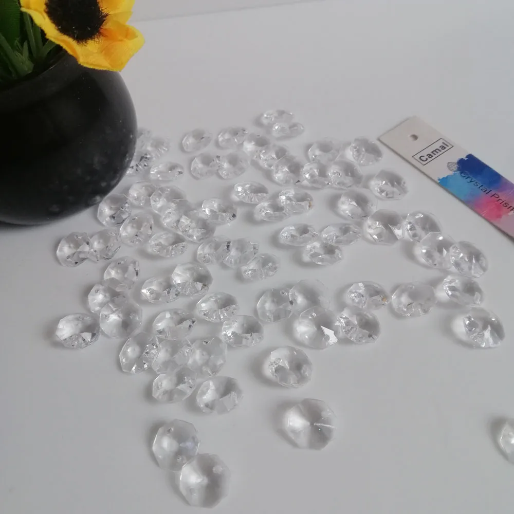 Cama 100PCS 10mm Clear Acrylic Octagon Loose Beads Chandelier Parts Pendant Chain for Strands 2 Holes Christmas Tree Center DIY