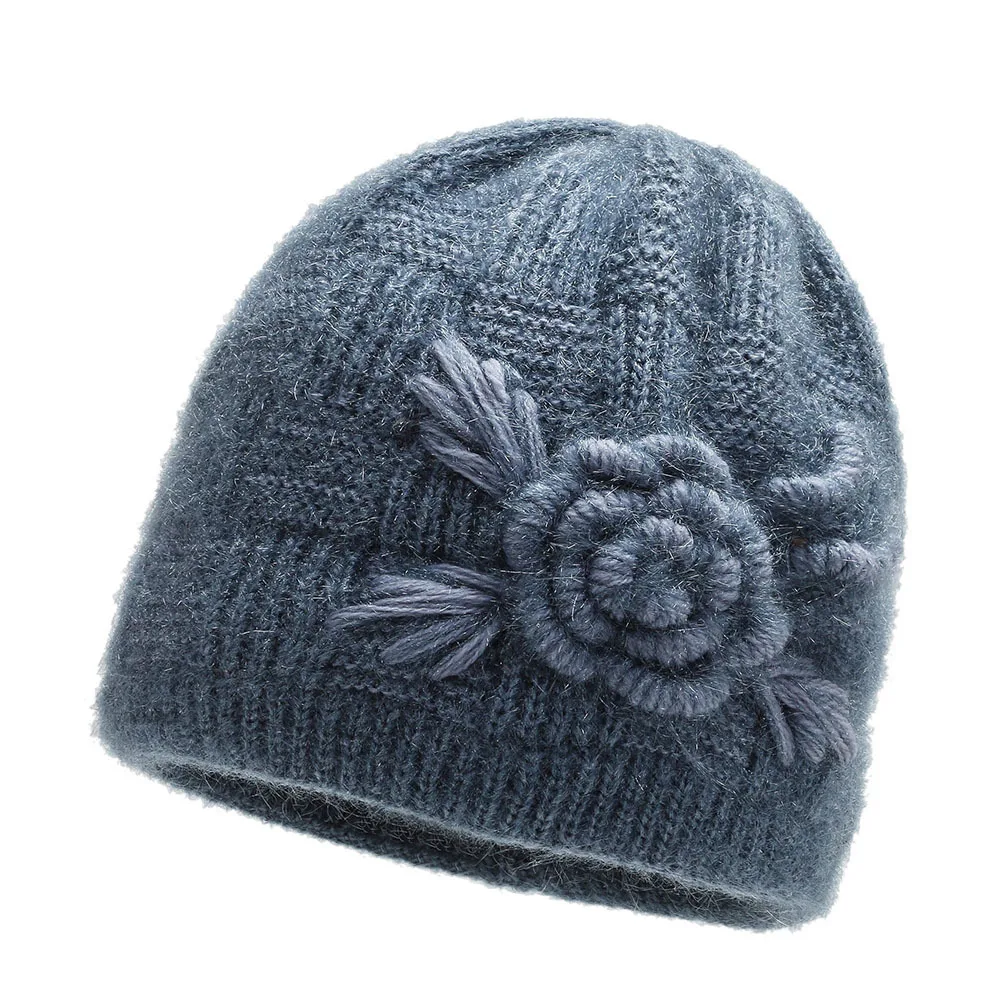 Bonnet for Women Winter Hats Fashion Floral Cross Knitted Hat Ladies Warm Velvet Winter Hat Skullies Beanies MOM Grandmother Cap 4