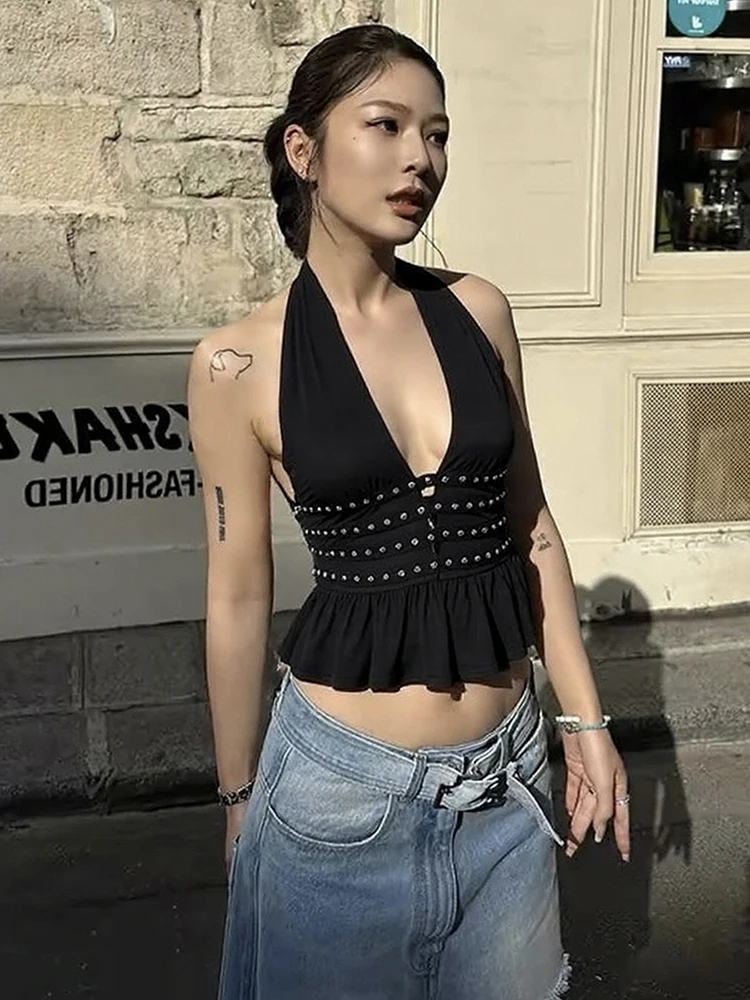 Nibber Rivet Decoration Vests Women Halter v-Neck Ruffles Backless Sexy Midnight Street Summer Hottie Hipster Coquette Tops
