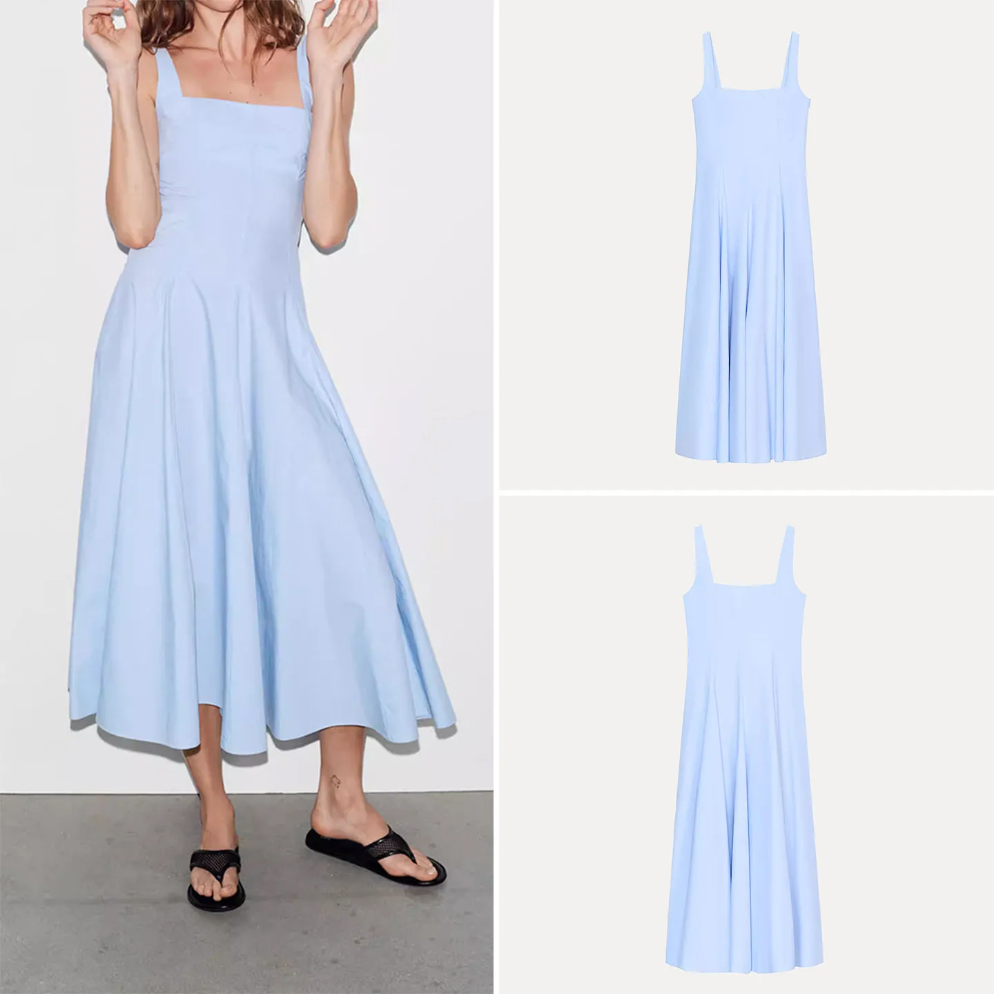 Spring 2026 Women's Square Collar Wide Hem Silk Dress Fashionable Casual Style Sleeveless Standard Fit Daily Wear Zadata Brand