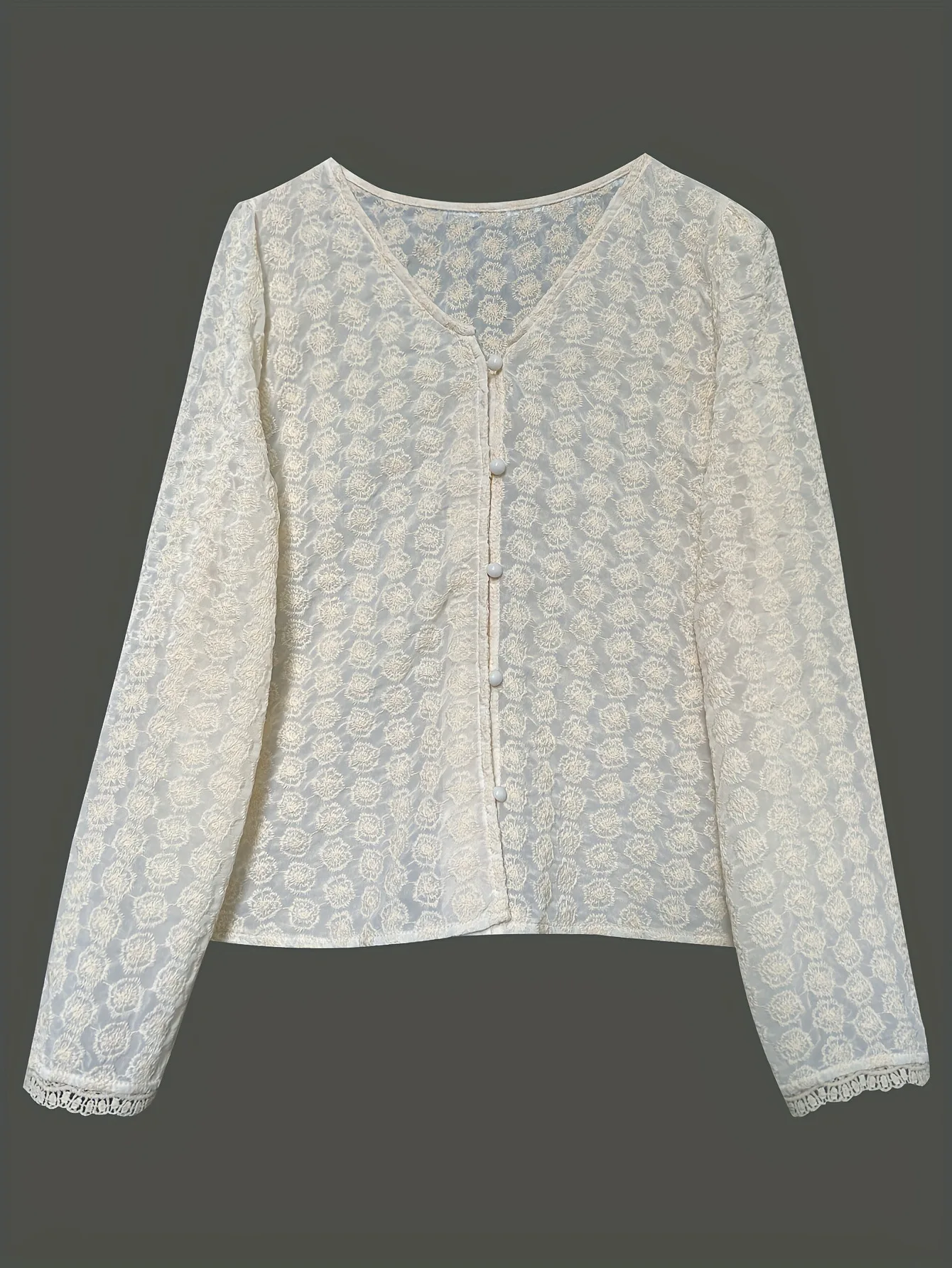 Spring and Autumn New Fashion Women's Cardigan Single Breasted Mesh Long Sleeve Lace Shirt Elegant Slim Short V-Neck Blouse