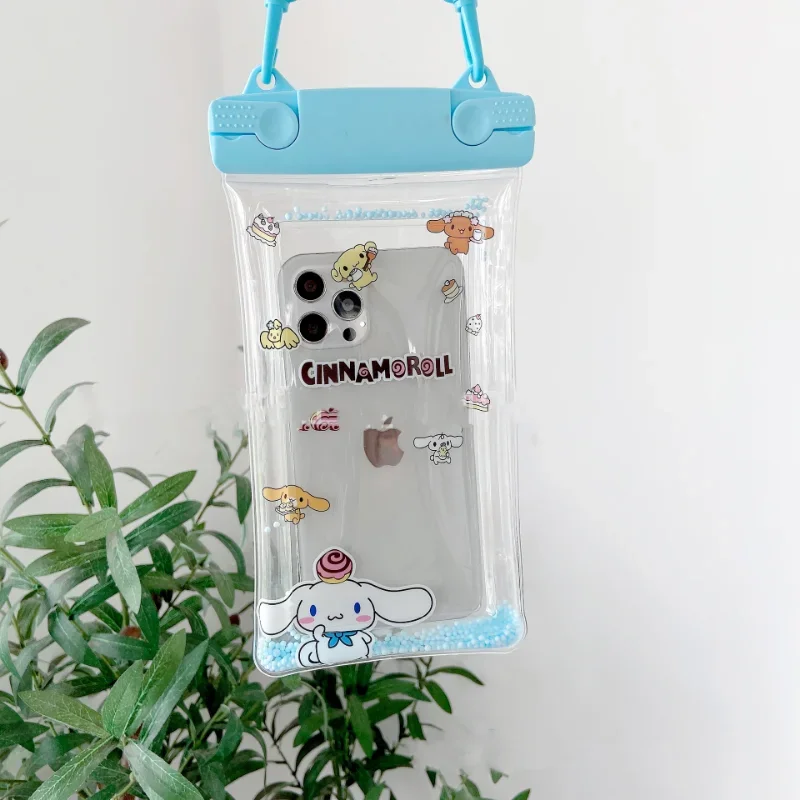 

Anime Kawaii Sanrio Kuromi Phone Waterproof Bag Cartoon Cinnamoroll Pom Pom Purin Quicksand Airbag Waterproof Bag with Straps