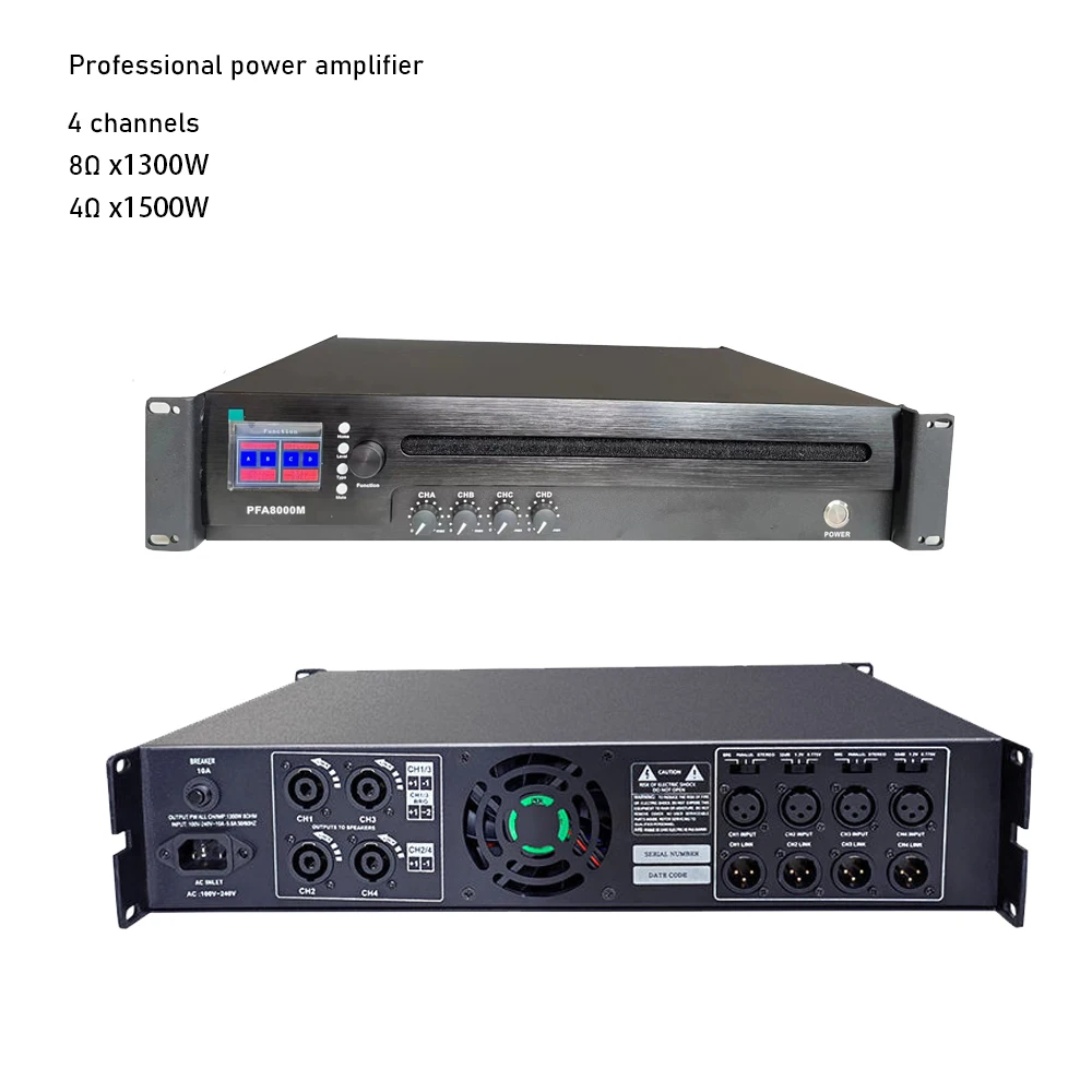 PFA8000M 4X1300W 전문 파워 앰프 4 채널 DJ 서브우퍼 앰프 클래스 D 스테레오 라인 어레이 스피커 프리앰프 스테이지 성능 스위칭 전원 공급 장치 사운드 앰프