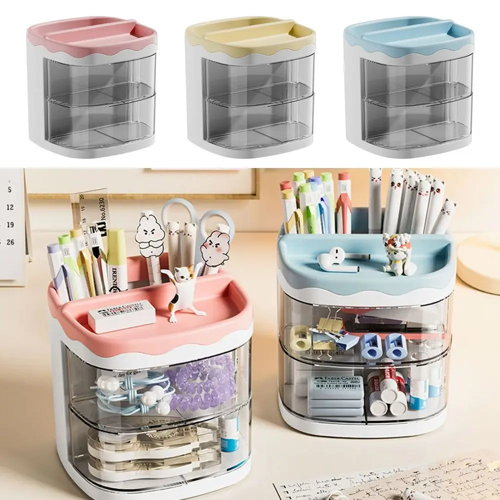 

Large Capacity Desk Organiser Durable Plastic Desk Tidy Pen Pot 2 Drawer Pen Holder Stationary