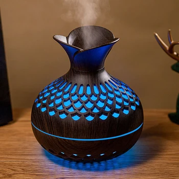 300ML Wood Grain Flower Humidifier Silent Aromatherapy Diffuser USB Rechargeable Mini Air Humidifier with Colorful Night Light 2
