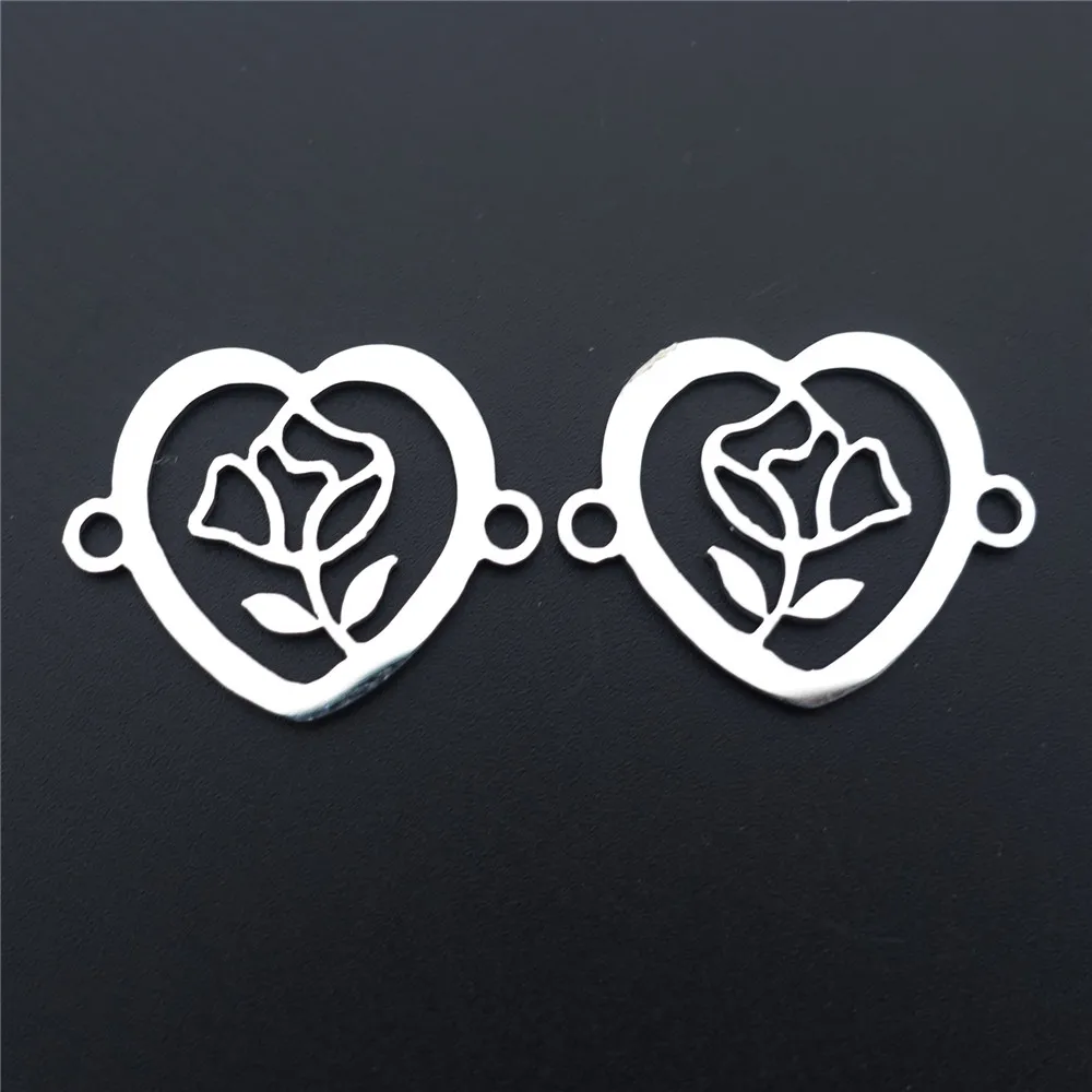 

5 Pieces Rose Flower in Heart Connectors Stainless Steel Component Diy Bracelet Jewelry Making Findings