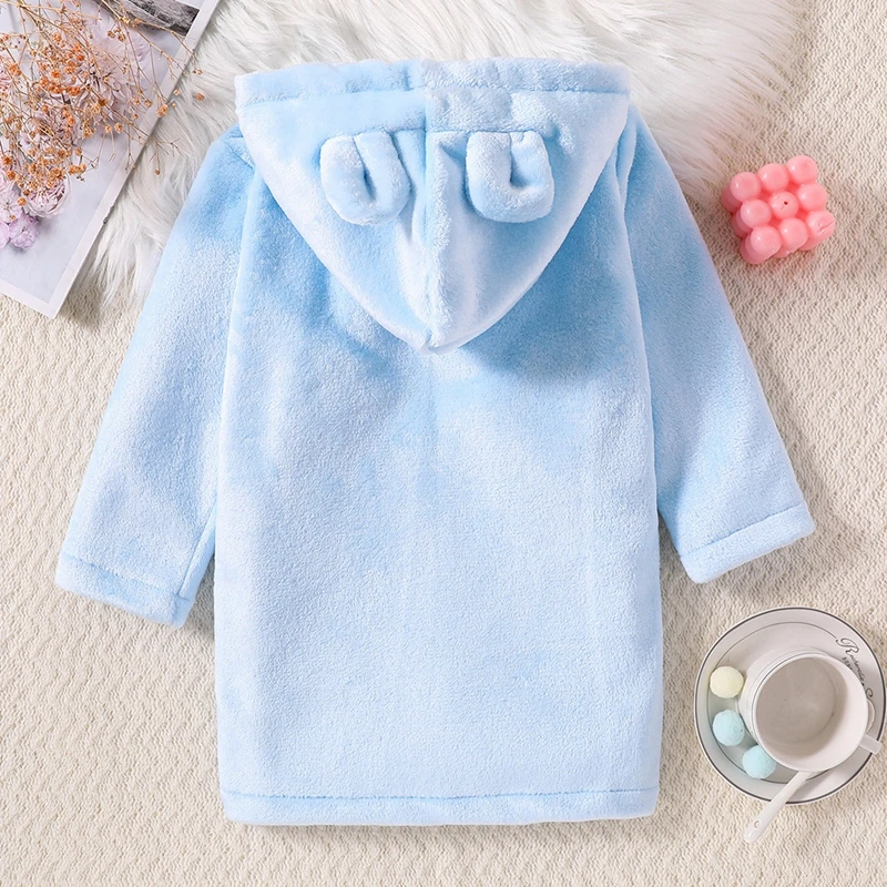 Winter Kids Sleepwear Flannel Warm Hooded Bathrobe Children Solid Color Plush Pajamas Long Sleeve Robe Clothes 2-7Y