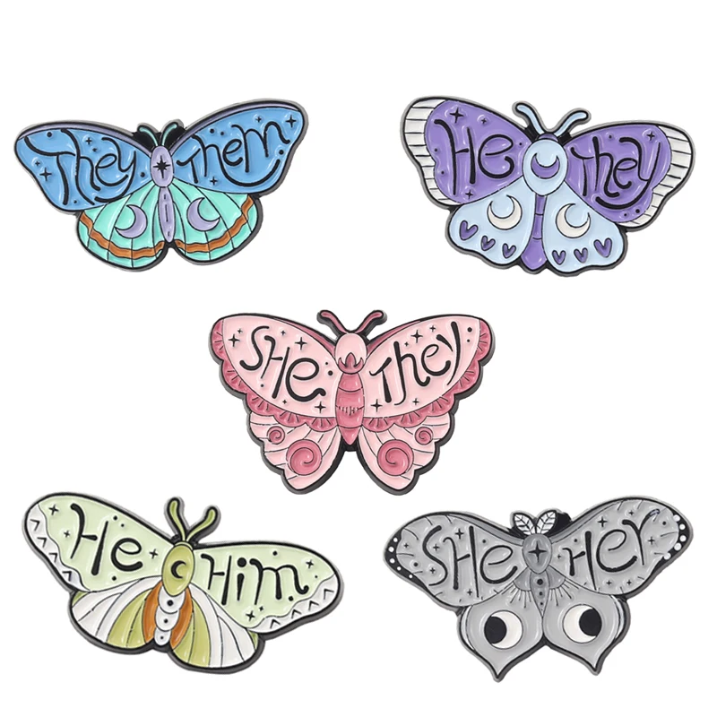 

Butterfly Grammar Lapel Pins SHE HER THEY THEM HE HIM Pronoun Enamel Pins Nice Insect Badge Jewelry Gift for Friends Kids