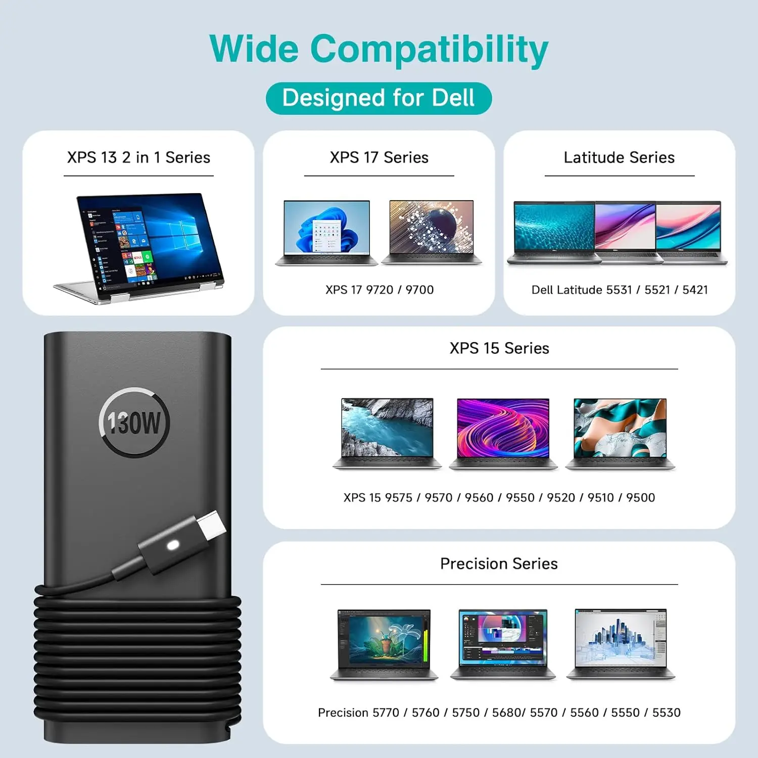 130W USB/TYPE-C 노트북 전원 어댑터 슬림형 (델 XPS15 17, 프리시전 5550 5530, 래티튜드 7410 7310 7210 9410 9510 5420 5520 5510 호환)