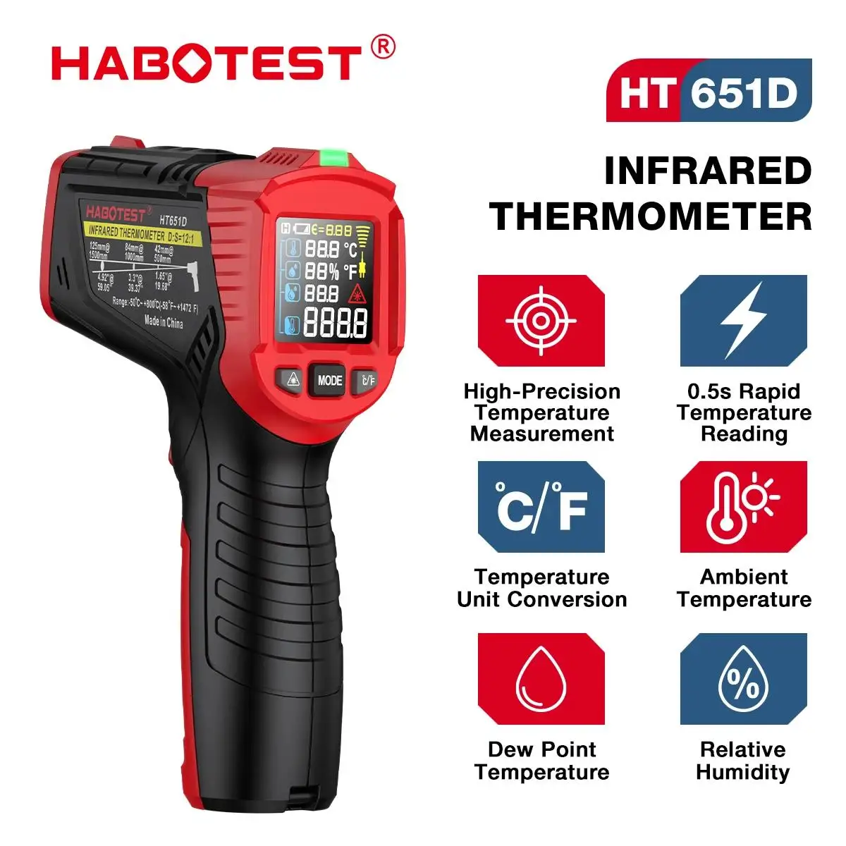HABOTEST Infrared Thermometer HT651D, laser temperature meter non contact industrial infrared laser temperature meter 50 to 800℃