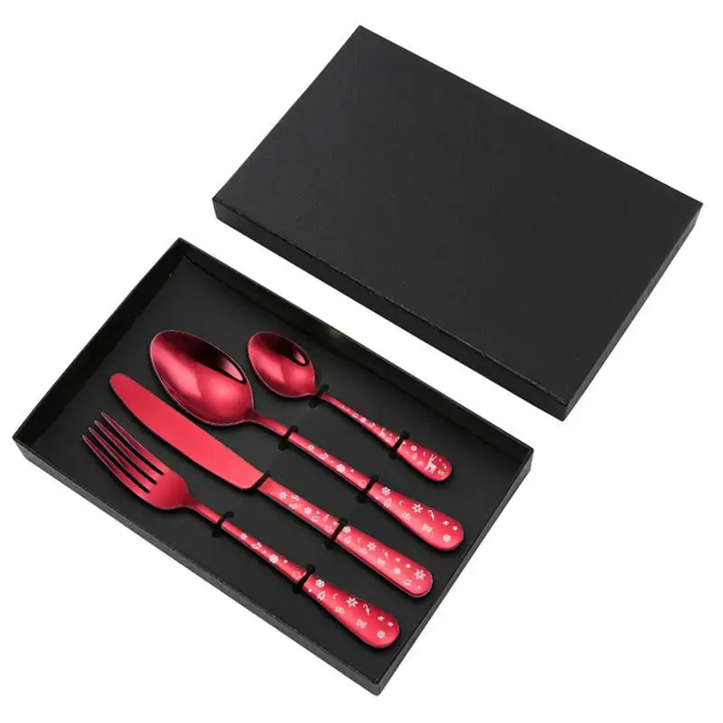 4pcs/set Christmas Flatware Set Stainless Steel Red Green Dinnerware Knife Fork Spoon Cutlery Dishwasher Safe