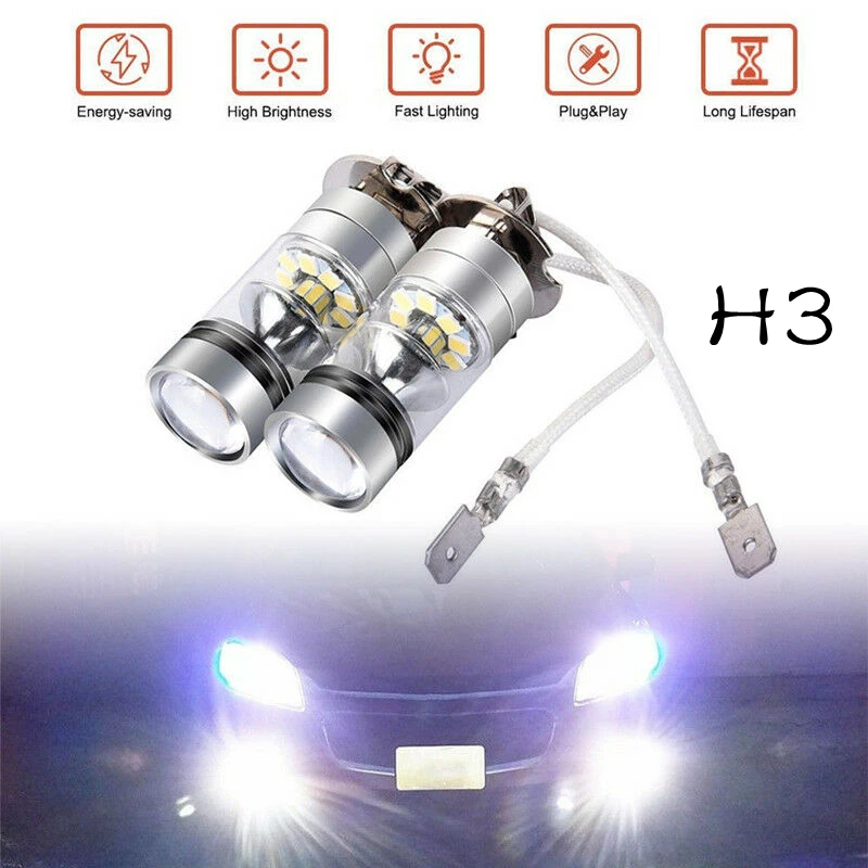 New H3 LED Foglights Conversion Kit Bulbs High Low Beam 100W 6000K Super White 3000K Auto Driving Headlight High Low 12V 24V