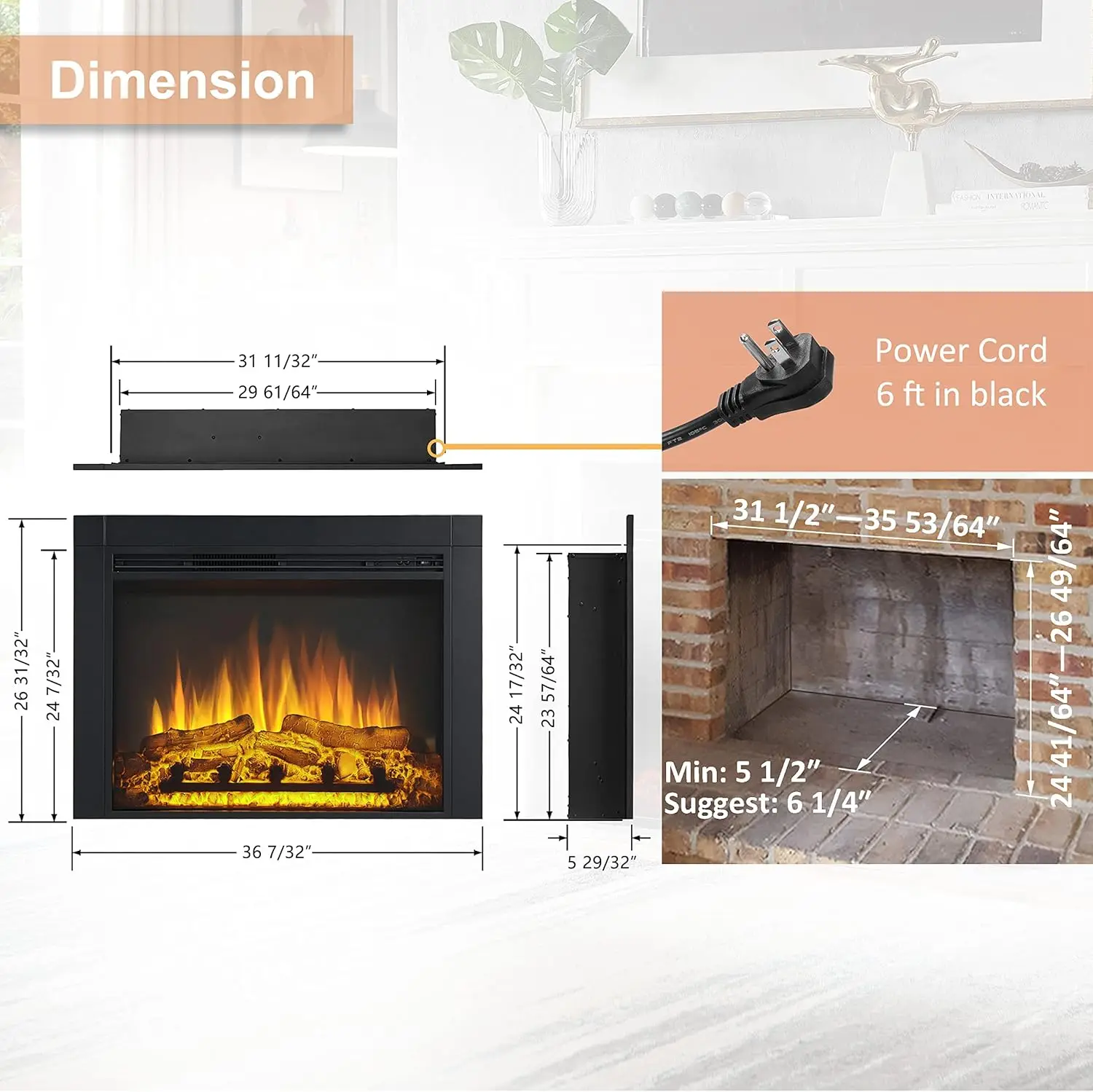 Jaden 36" W x 26" H (EF443) Electric Fireplace Insert with Front Trim Kit Fire Crackling Sound 750W/1500W Heater Remote Control