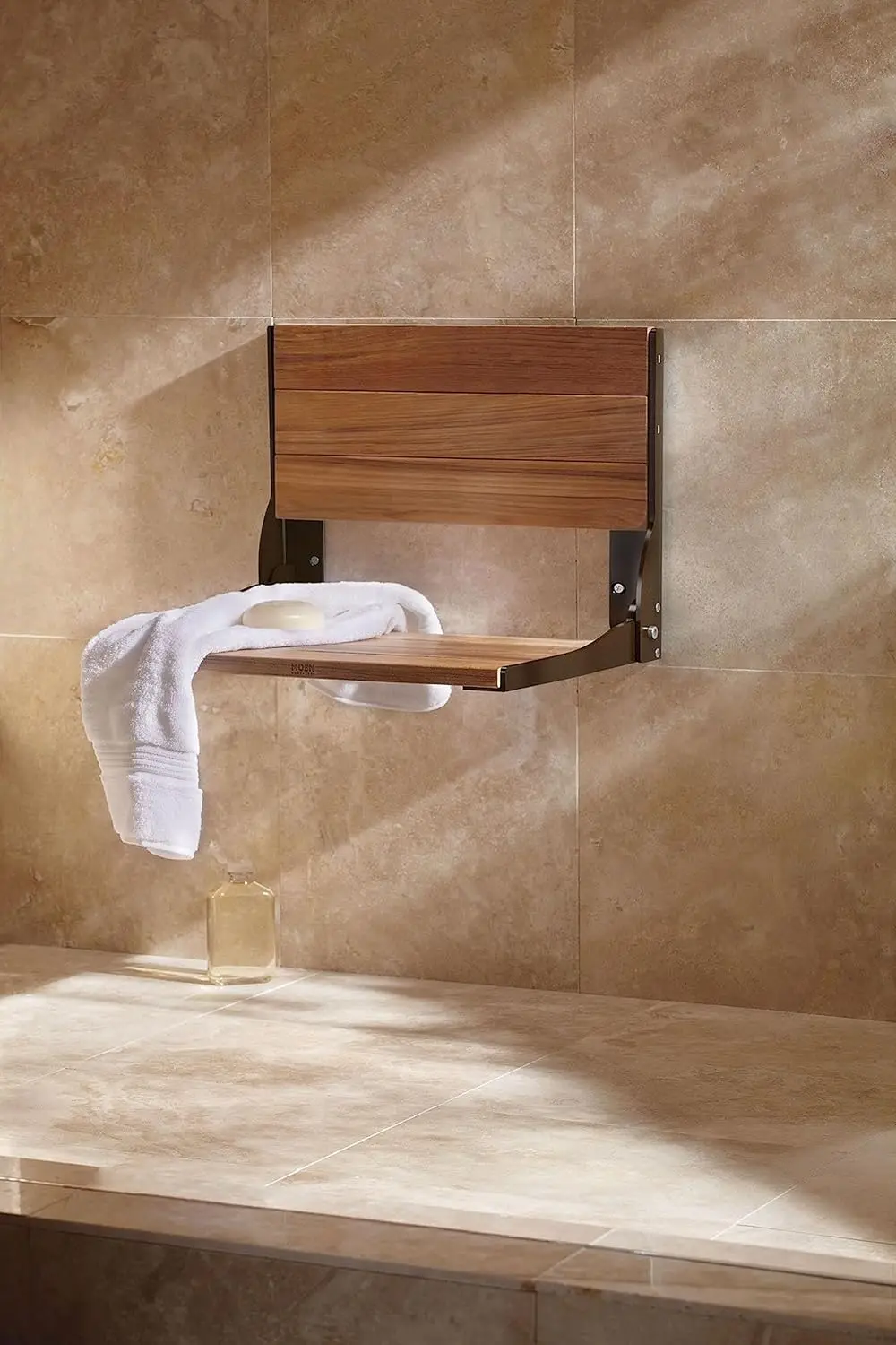 Home Care Wall Mounted Old World Bronze Teak Wood Aluminum Folding Shower Seat, Wall Mounted Shower Chair, DN7110OWB 2